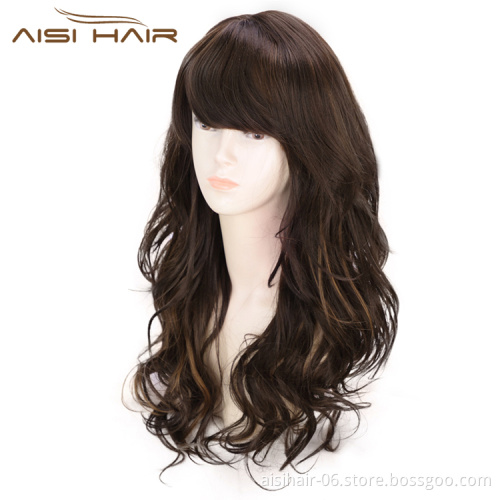 Aisi Hair Long Wavy Brown Bang Wig Heat Resistant Synthetic Hair Wig For Black White Women Fashion Cosplay Christmas Wigs